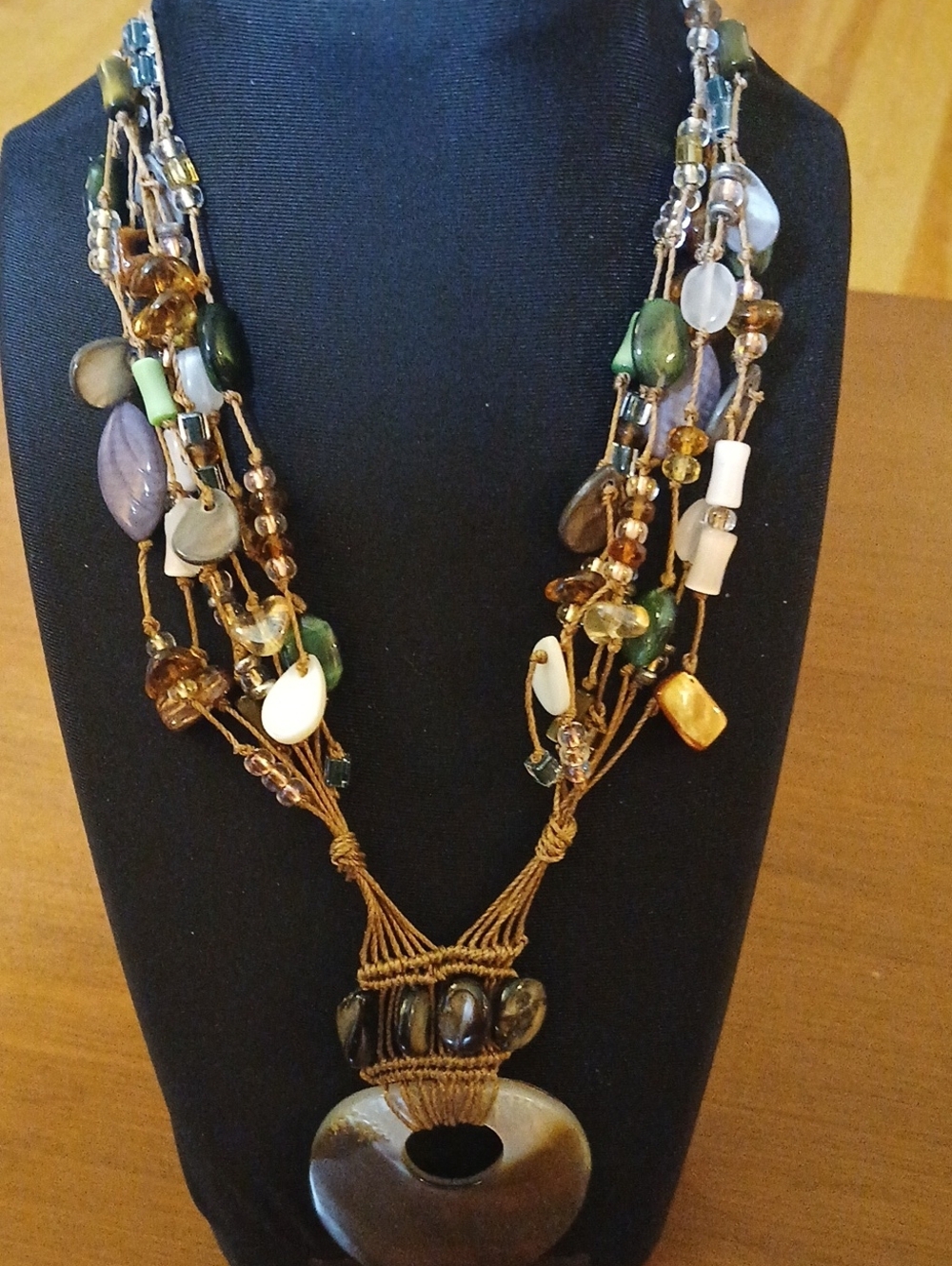 Beautiful Bohemian Multi-Strand Green Brown Purple Pendant Necklace